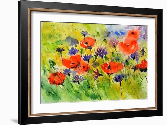 Blue Cornflowers And Red Poppies-Pol Ledent-Framed Art Print