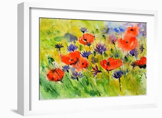 Blue Cornflowers And Red Poppies-Pol Ledent-Framed Art Print