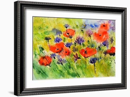 Blue Cornflowers And Red Poppies-Pol Ledent-Framed Art Print