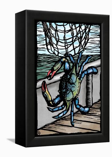 Blue Crab - Scratchboard-Lantern Press-Framed Stretched Canvas