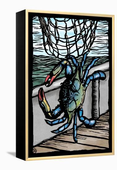 Blue Crab - Scratchboard-Lantern Press-Framed Stretched Canvas