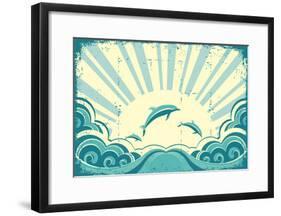 Blue Dolphins Jumping In Sea In Summer Day-GeraKTV-Framed Art Print