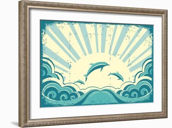 Blue Dolphins Jumping In Sea In Summer Day-GeraKTV-Framed Art Print