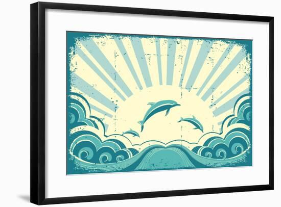 Blue Dolphins Jumping In Sea In Summer Day-GeraKTV-Framed Art Print