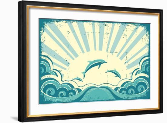 Blue Dolphins Jumping In Sea In Summer Day-GeraKTV-Framed Art Print