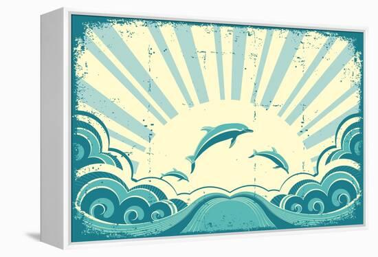 Blue Dolphins Jumping In Sea In Summer Day-GeraKTV-Framed Stretched Canvas