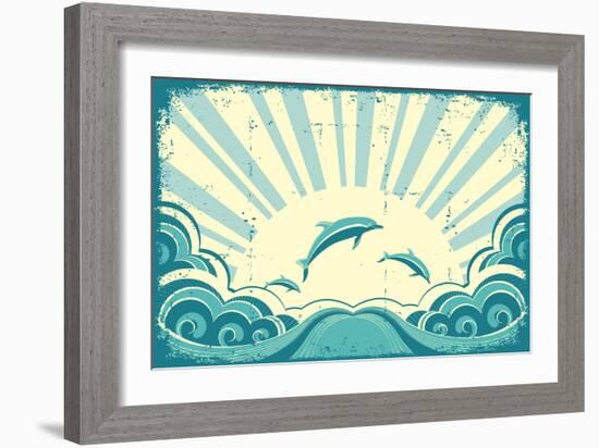 Blue Dolphins Jumping In Sea In Summer Day-GeraKTV-Framed Art Print