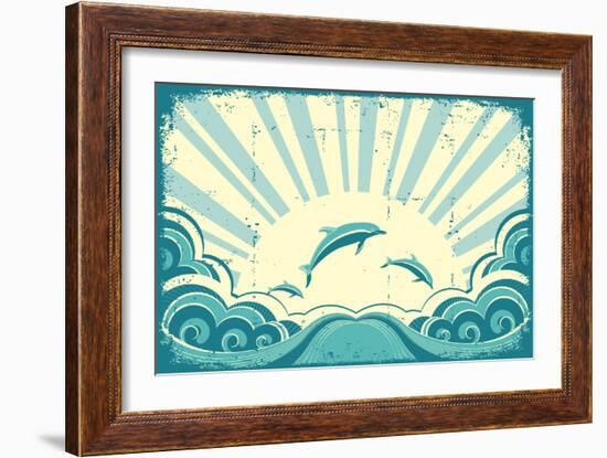 Blue Dolphins Jumping In Sea In Summer Day-GeraKTV-Framed Art Print