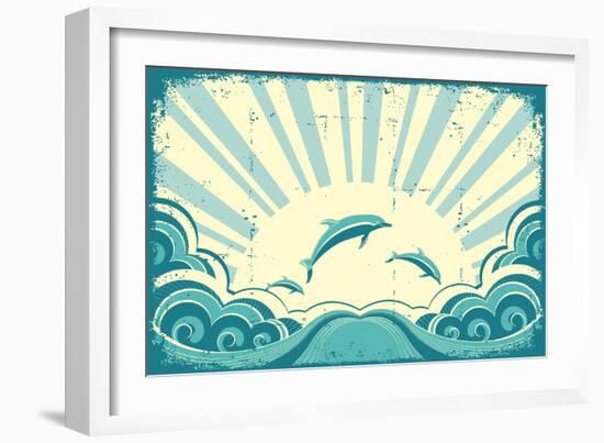 Blue Dolphins Jumping In Sea In Summer Day-GeraKTV-Framed Art Print