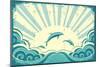 Blue Dolphins Jumping In Sea In Summer Day-GeraKTV-Mounted Art Print