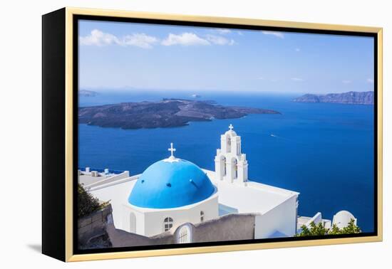 Blue Dome and Bell Tower Above Aegean Sea-Neale Clark-Framed Premier Image Canvas