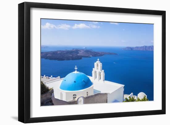 Blue Dome and Bell Tower Above Aegean Sea-Neale Clark-Framed Photographic Print