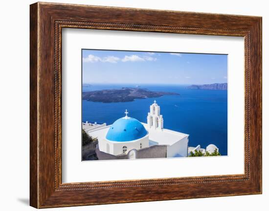Blue Dome and Bell Tower Above Aegean Sea-Neale Clark-Framed Premium Photographic Print