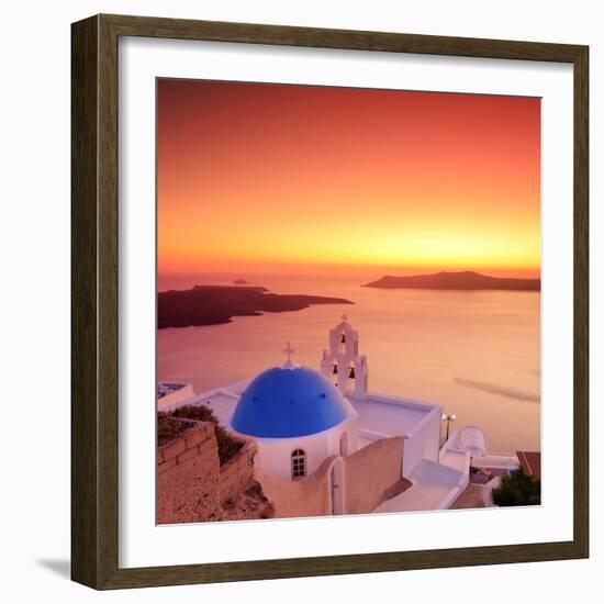 Blue Dome Church St. Spirou in Firostefani on the Island of Santorini Greece, at Sunset-buso23-Framed Photographic Print