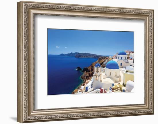 Blue Domed Santorini Churches-null-Framed Art Print