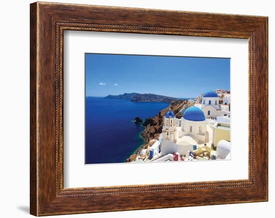 Blue Domed Santorini Churches-null-Framed Art Print