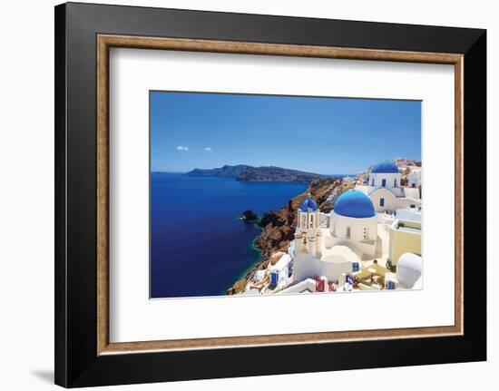 Blue Domed Santorini Churches-null-Framed Art Print