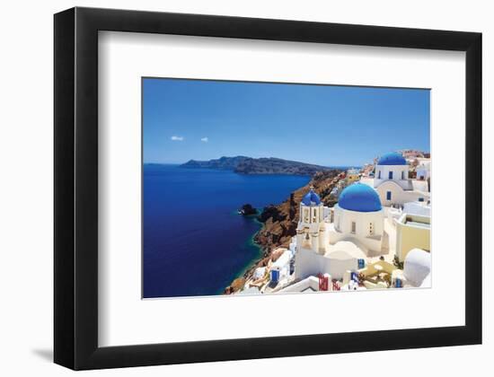 Blue Domed Santorini Churches-null-Framed Art Print