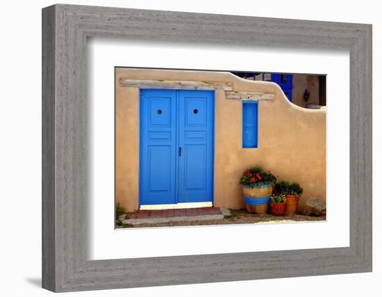 Blue Door And Adobe Wall, Taos, NM-George Oze-Framed Photographic Print