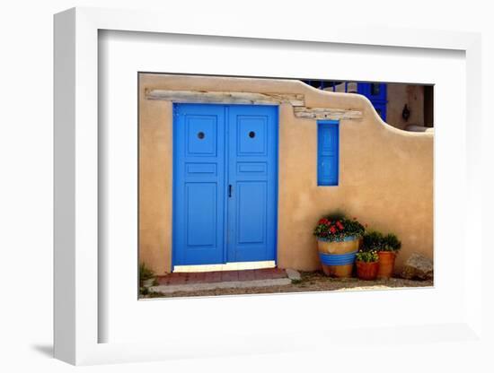 Blue Door And Adobe Wall, Taos, NM-George Oze-Framed Photographic Print