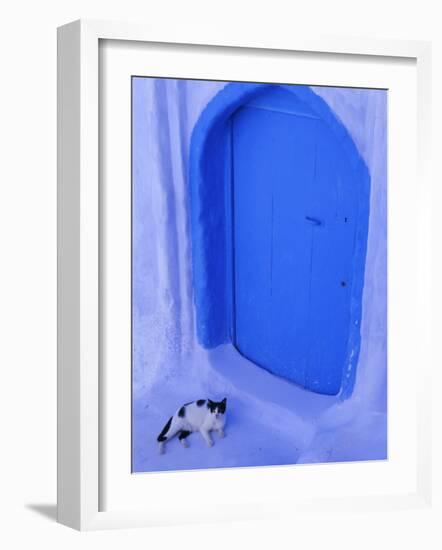 Blue Door and Cat, Chefchaouen (Chaouen) (Chechaouen), Rif Region, Morocco, North Africa, Africa-Bruno Morandi-Framed Photographic Print