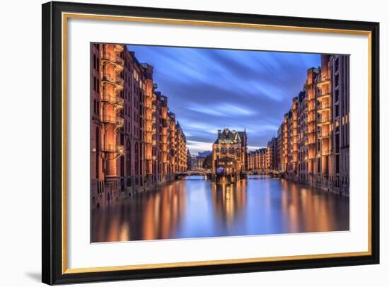 Blue Dusk and Lights are Reflected in Poggenmohlenbrucke with Water Castle Between Bridges-Roberto Moiola-Framed Photographic Print