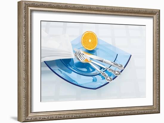 Blue Glass Dishware And Silver Cutlery-Milovelen-Framed Art Print