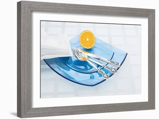 Blue Glass Dishware And Silver Cutlery-Milovelen-Framed Art Print