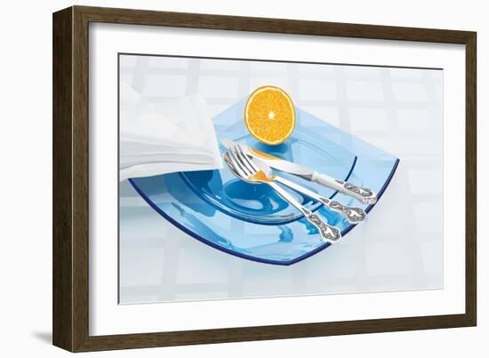 Blue Glass Dishware And Silver Cutlery-Milovelen-Framed Art Print