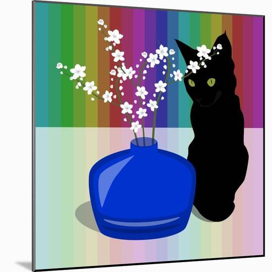 Blue Glass Vase with blossom and black cat-Claire Huntley-Mounted Giclee Print