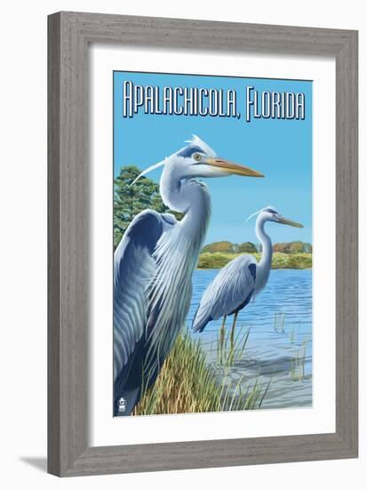 Blue Herons in Grass - Apalachicola, Florida-Lantern Press-Framed Art Print