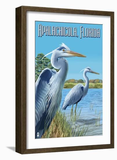 Blue Herons in Grass - Apalachicola, Florida-Lantern Press-Framed Art Print