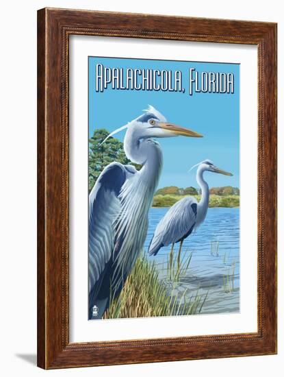 Blue Herons in Grass - Apalachicola, Florida-Lantern Press-Framed Art Print