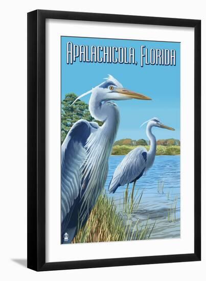 Blue Herons in Grass - Apalachicola, Florida-Lantern Press-Framed Art Print