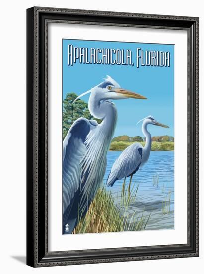 Blue Herons in Grass - Apalachicola, Florida-Lantern Press-Framed Art Print