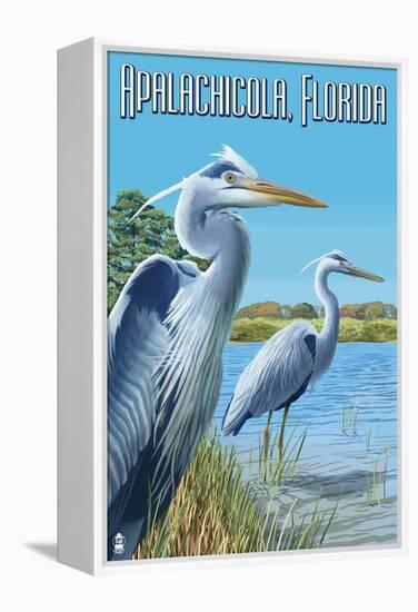 Blue Herons in Grass - Apalachicola, Florida-Lantern Press-Framed Stretched Canvas