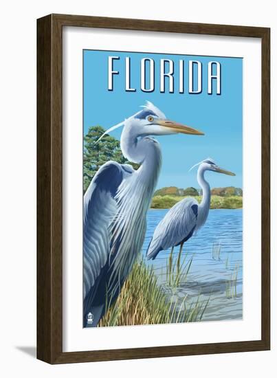 Blue Herons in Grass - Florida-Lantern Press-Framed Art Print