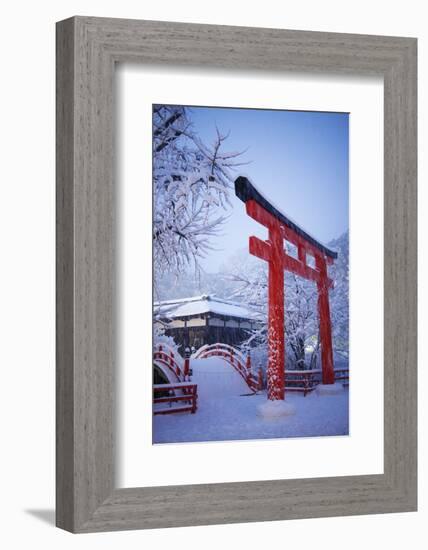 Blue hour in Shimogamo Shrine, UNESCO World Heritage Site, during the largest snowfall on Kyoto in-Damien Douxchamps-Framed Photographic Print