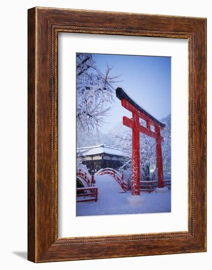 Blue hour in Shimogamo Shrine, UNESCO World Heritage Site, during the largest snowfall on Kyoto in-Damien Douxchamps-Framed Photographic Print