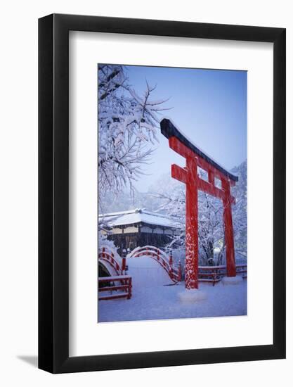 Blue hour in Shimogamo Shrine, UNESCO World Heritage Site, during the largest snowfall on Kyoto in-Damien Douxchamps-Framed Photographic Print