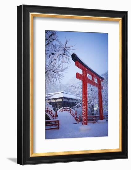 Blue hour in Shimogamo Shrine, UNESCO World Heritage Site, during the largest snowfall on Kyoto in-Damien Douxchamps-Framed Photographic Print