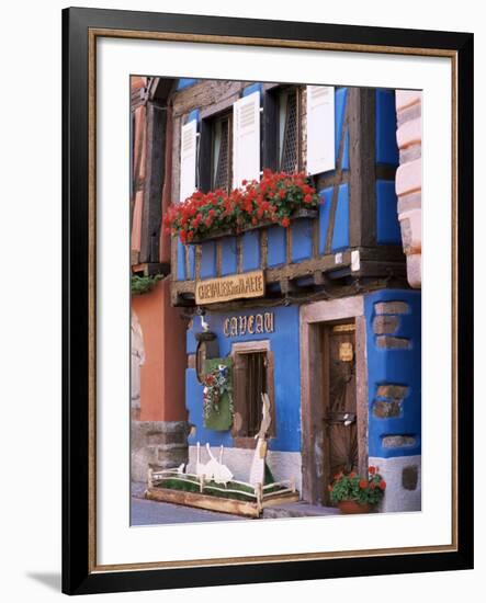 Blue House with Windowbox Full of Geraniums, Niedermorschwihr, Haut-Rhin, Alsace, France-Ruth Tomlinson-Framed Photographic Print