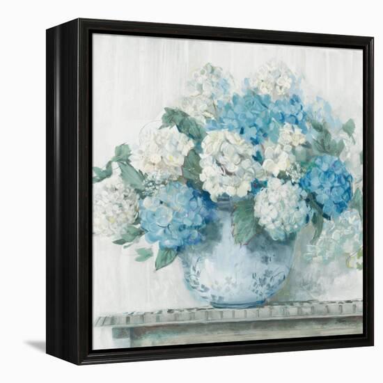 Blue Hydrangea Cottage Crop-Carol Rowan-Framed Stretched Canvas