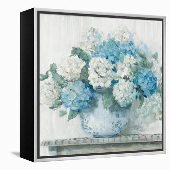 Blue Hydrangea Cottage Crop-Carol Rowan-Framed Stretched Canvas