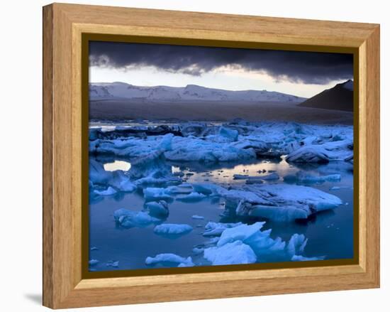 Blue Icebergs Floating on the Jokulsarlon Glacial Lagoon at Sunset, South Iceland, Iceland-Lee Frost-Framed Premier Image Canvas