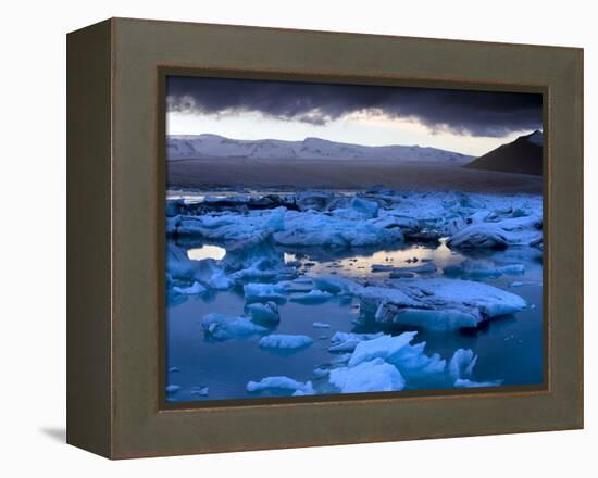 Blue Icebergs Floating on the Jokulsarlon Glacial Lagoon at Sunset, South Iceland, Iceland-Lee Frost-Framed Premier Image Canvas