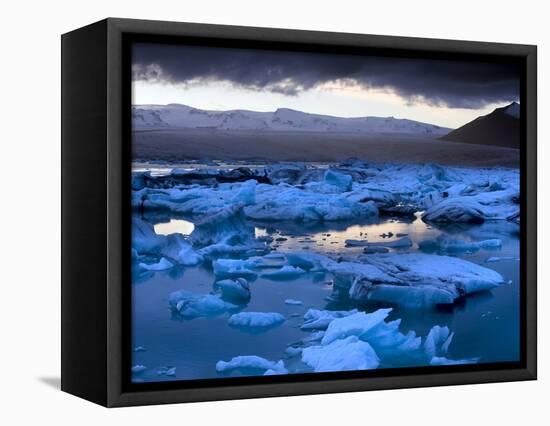 Blue Icebergs Floating on the Jokulsarlon Glacial Lagoon at Sunset, South Iceland, Iceland-Lee Frost-Framed Premier Image Canvas