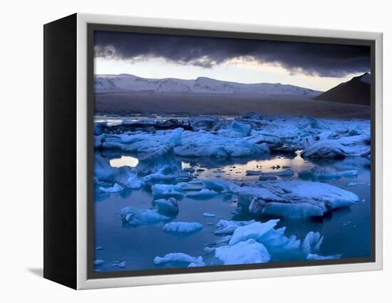 Blue Icebergs Floating on the Jokulsarlon Glacial Lagoon at Sunset, South Iceland, Iceland-Lee Frost-Framed Premier Image Canvas