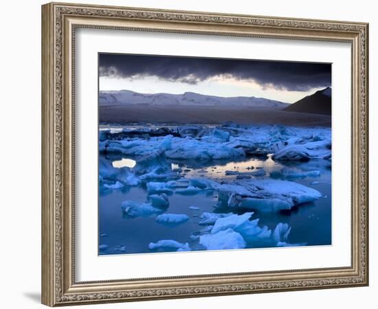 Blue Icebergs Floating on the Jokulsarlon Glacial Lagoon at Sunset, South Iceland, Iceland-Lee Frost-Framed Photographic Print