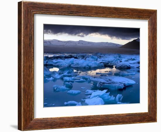 Blue Icebergs Floating on the Jokulsarlon Glacial Lagoon at Sunset, South Iceland, Iceland-Lee Frost-Framed Photographic Print